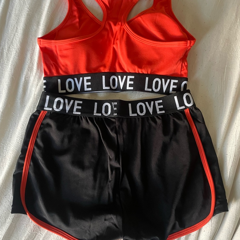 Red and Black Sports Bra and Shorts Set